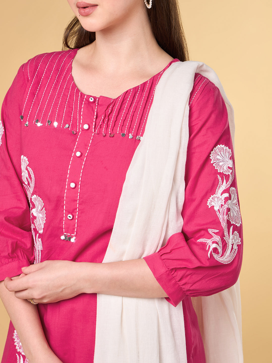 Bright Pink Embroidered Cotton Suit