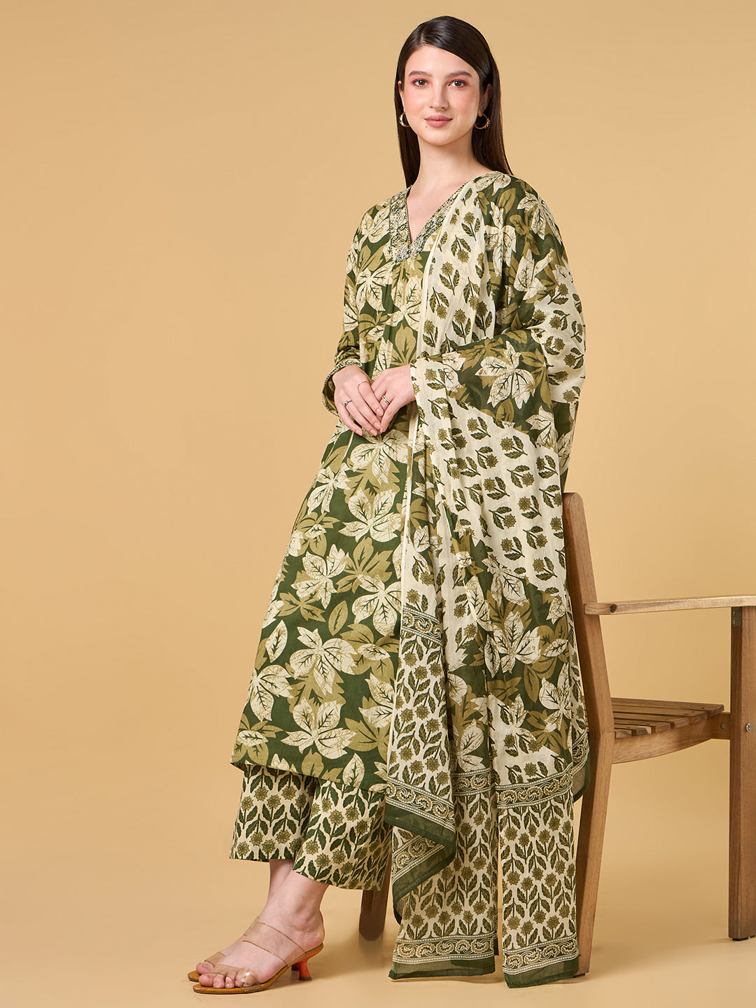 Olive Green Tropical Printed Cotton Suit
