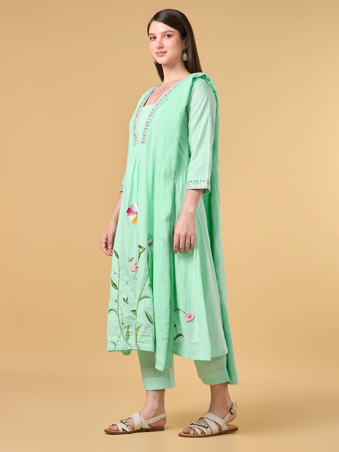 Pastel Green Embroidered Cotton Suit