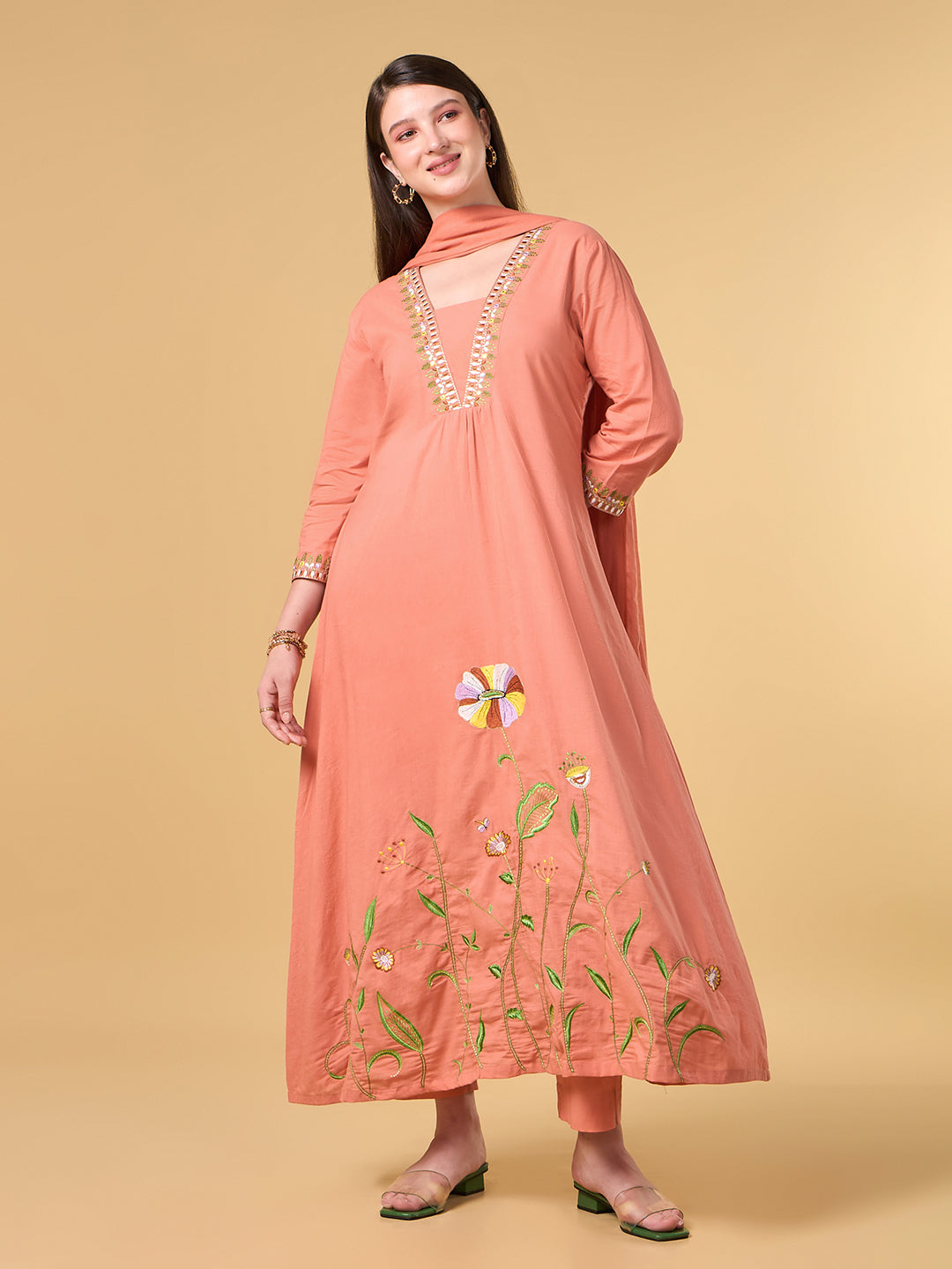 Orange Embroidered Cotton Suit