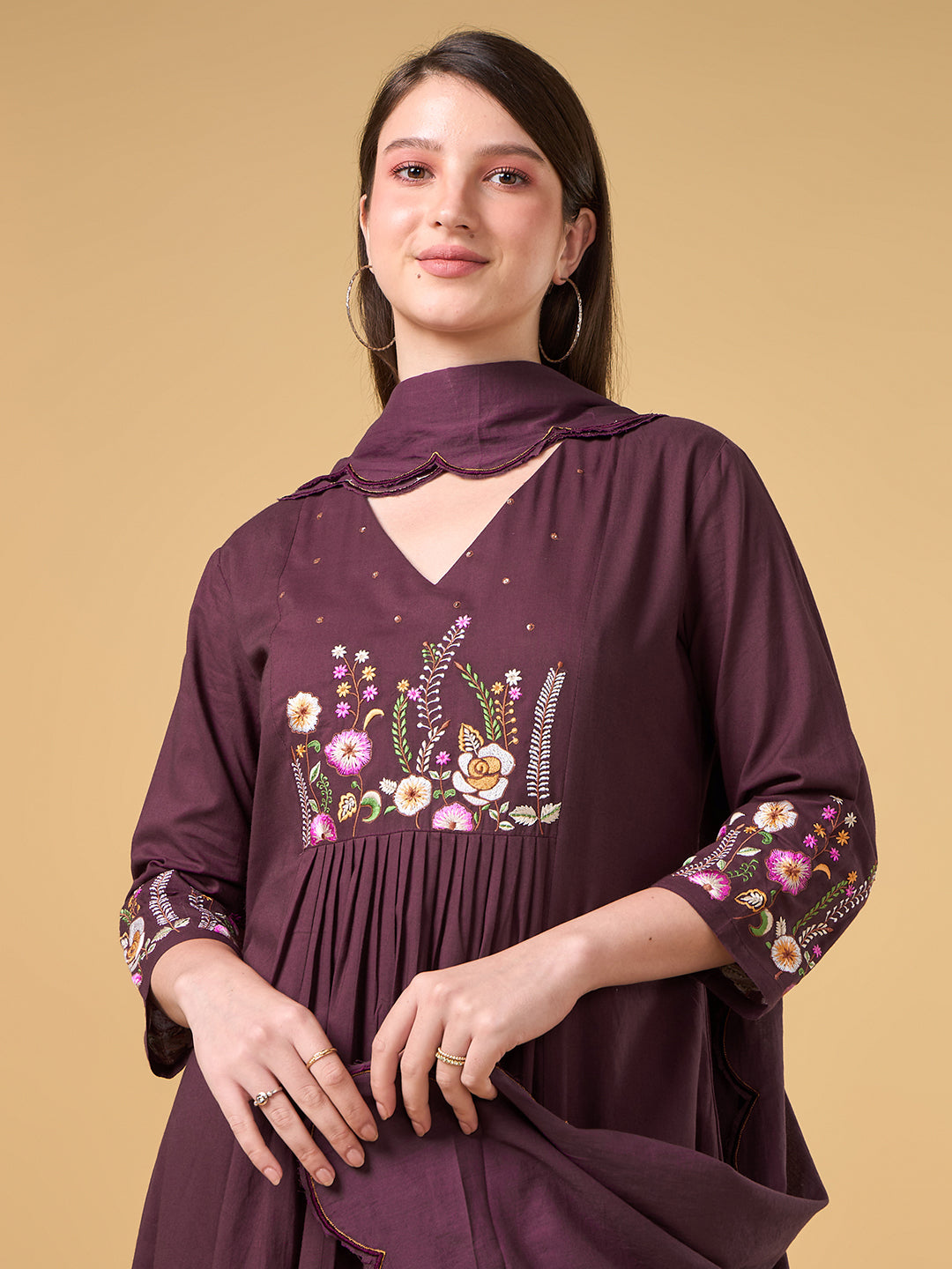 Wine Embroidered Cotton Suit