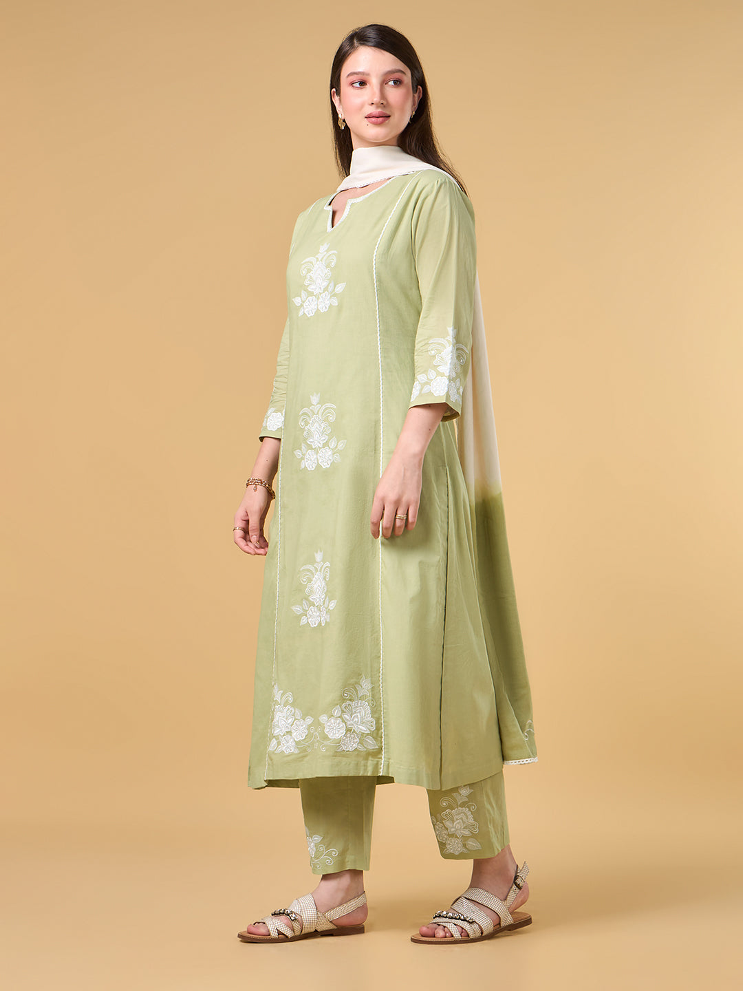 Pastel lime Green Embroidered Cotton Suit