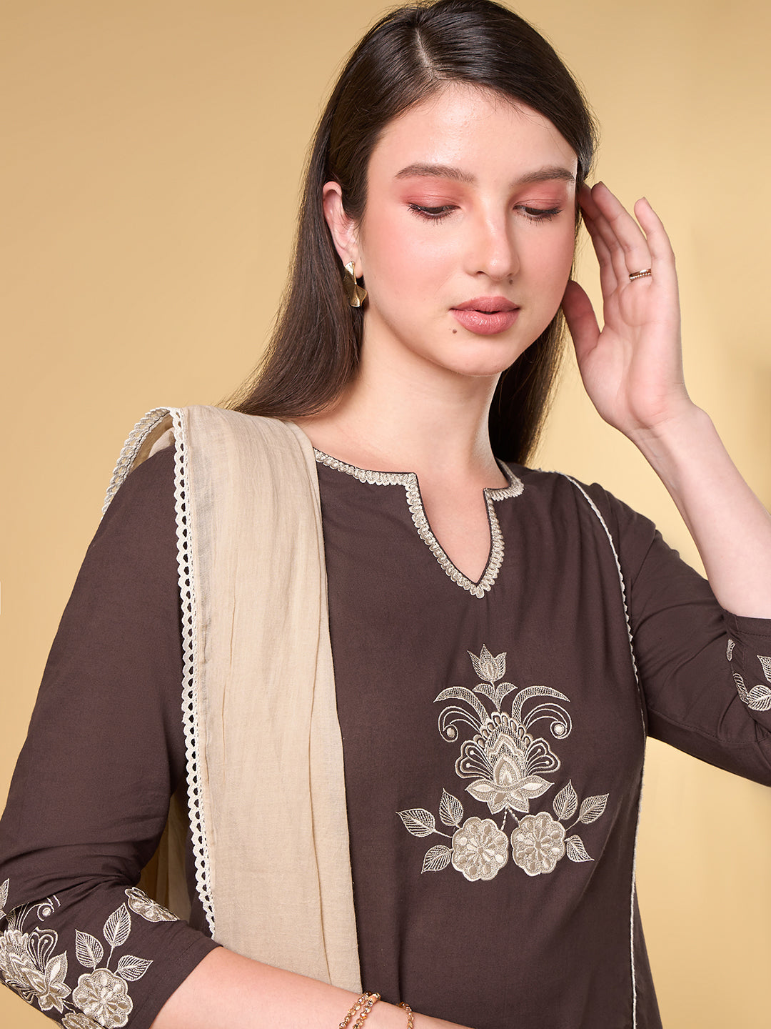 Dark Brown Embroidered Cotton Suit