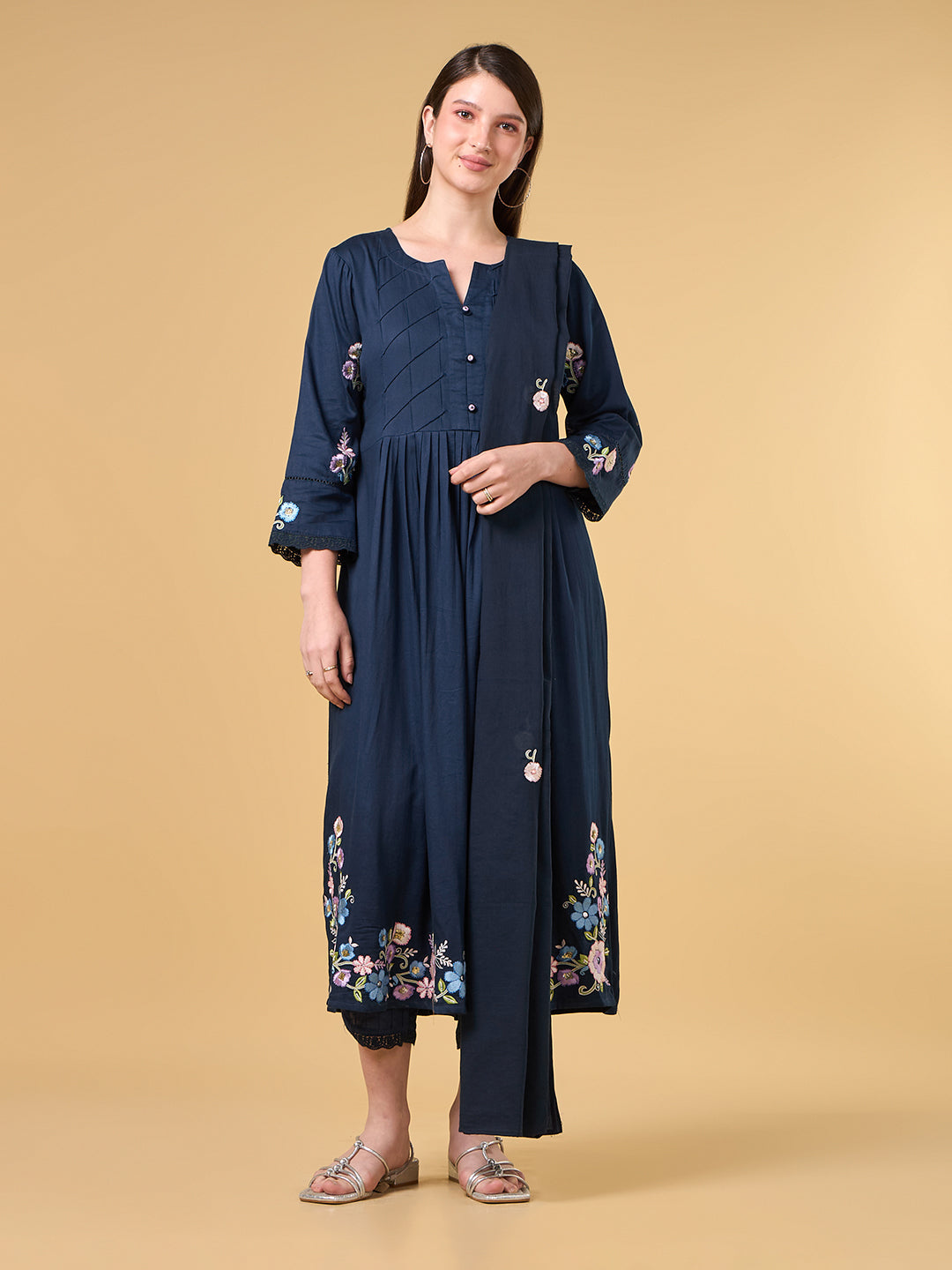 Navy Blue Embroidered Cotton Suit