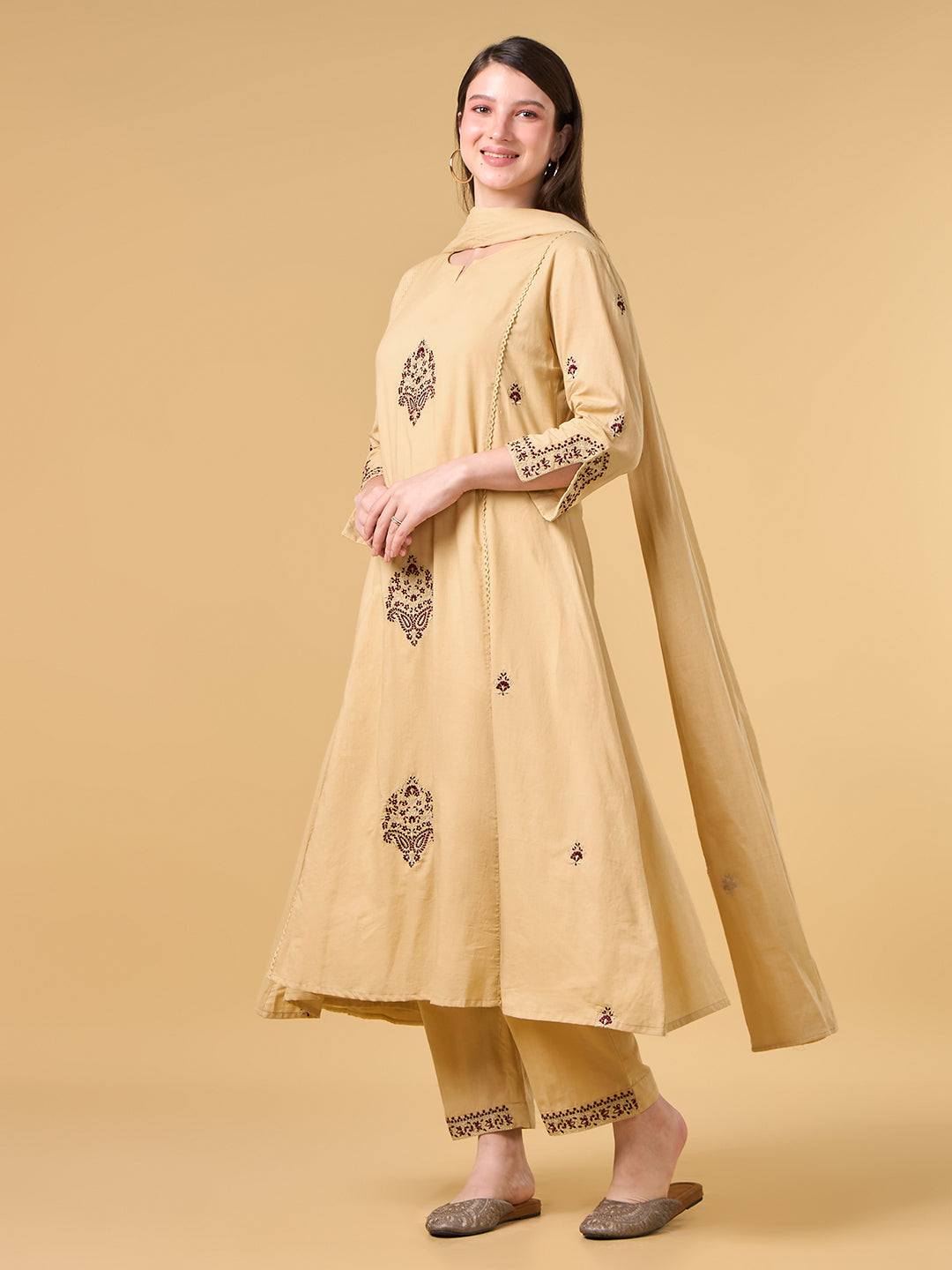 Beige Embroidered Cotton Suit