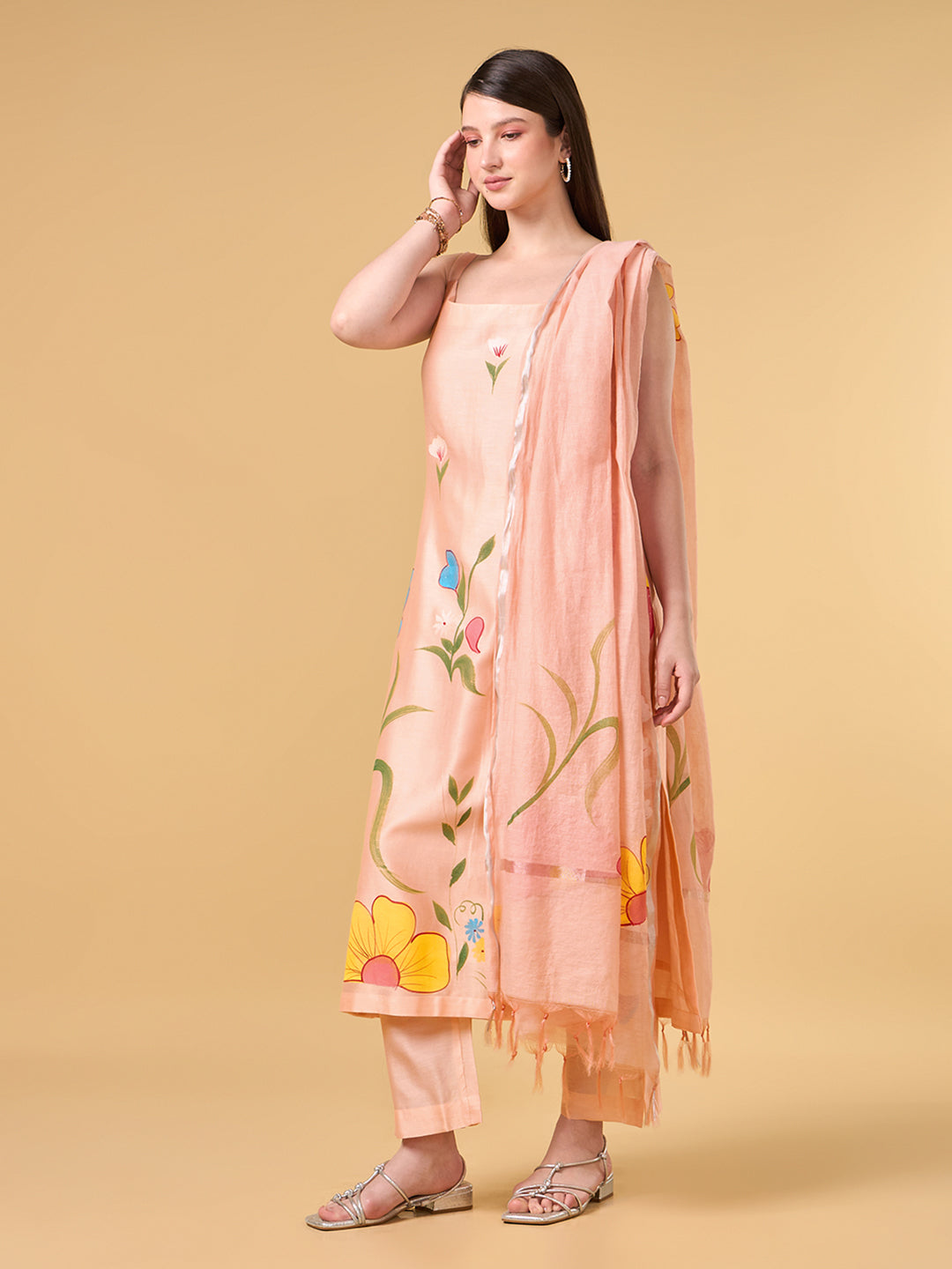 Pastel Peach Brush Painted Cotton Suit