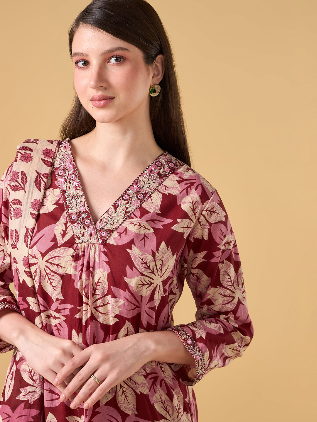 Maroon Tropical Printed Cotton Suit