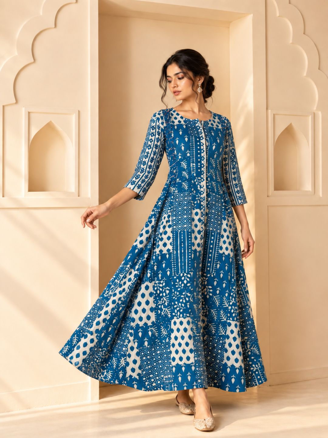 Indigo Blue Patch Work Anarkali Cotton Kurta