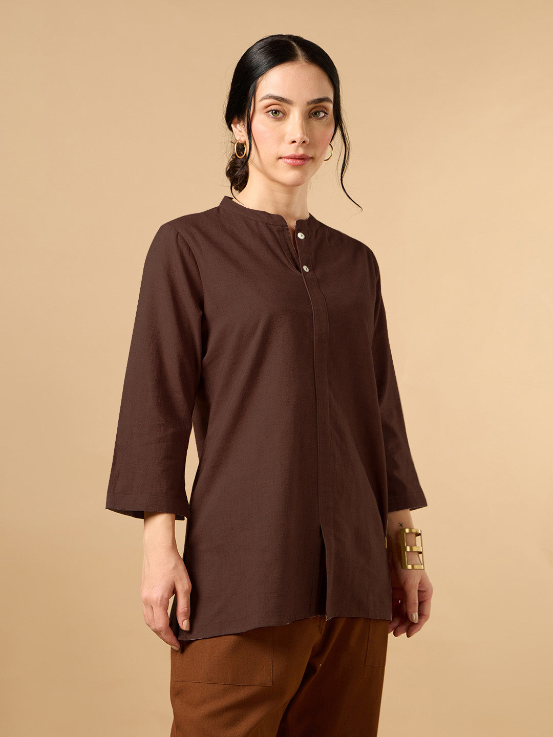 Classic Linen Dark Brown Short Kurta