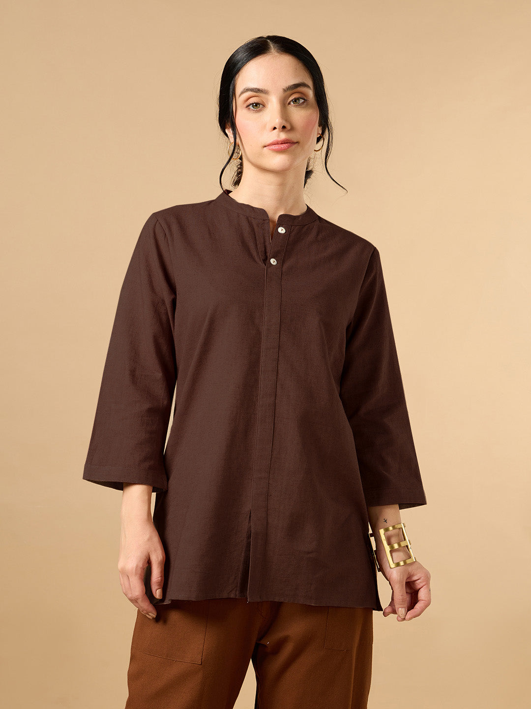 Classic Linen Dark Brown Short Kurta