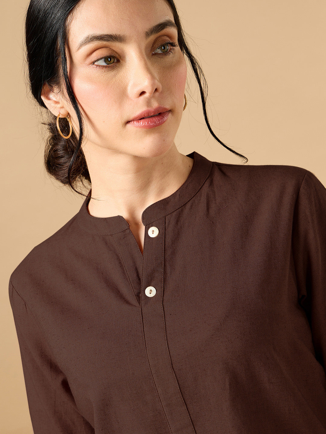 Classic Linen Dark Brown Short Kurta