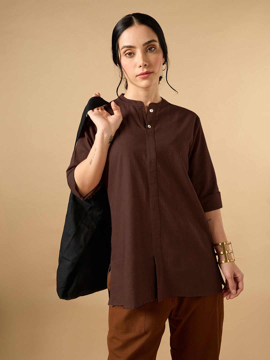 Classic Linen Dark Brown Short Kurta