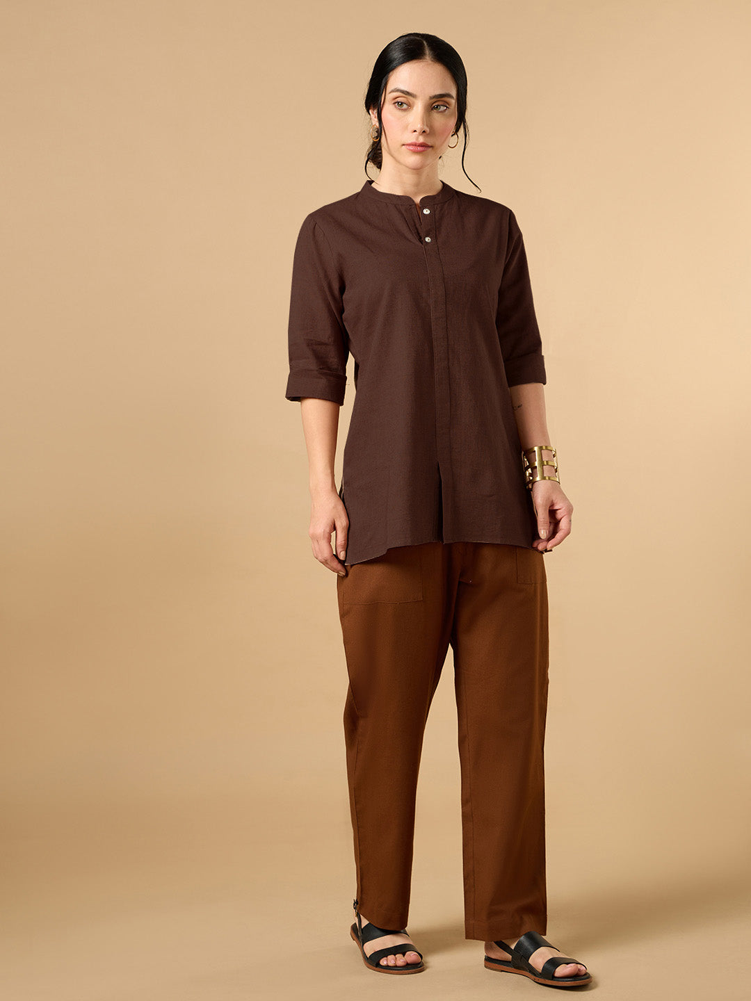 Classic Linen Dark Brown Short Kurta