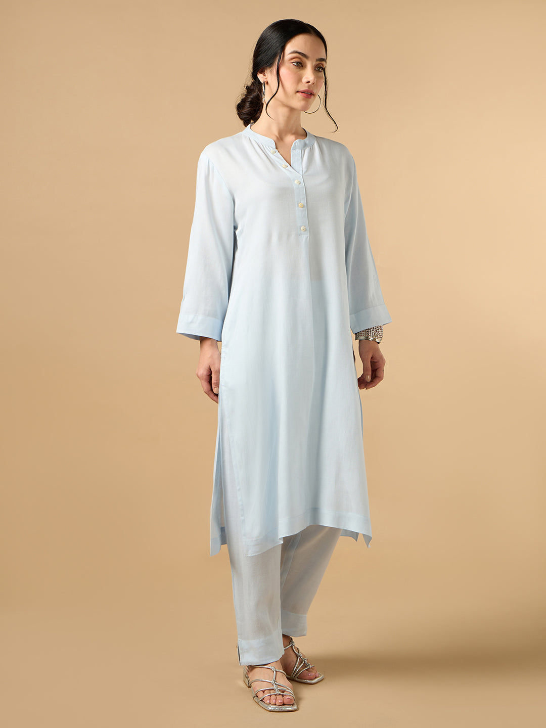 Classic Linen Sky Blue Straight Long Kurta