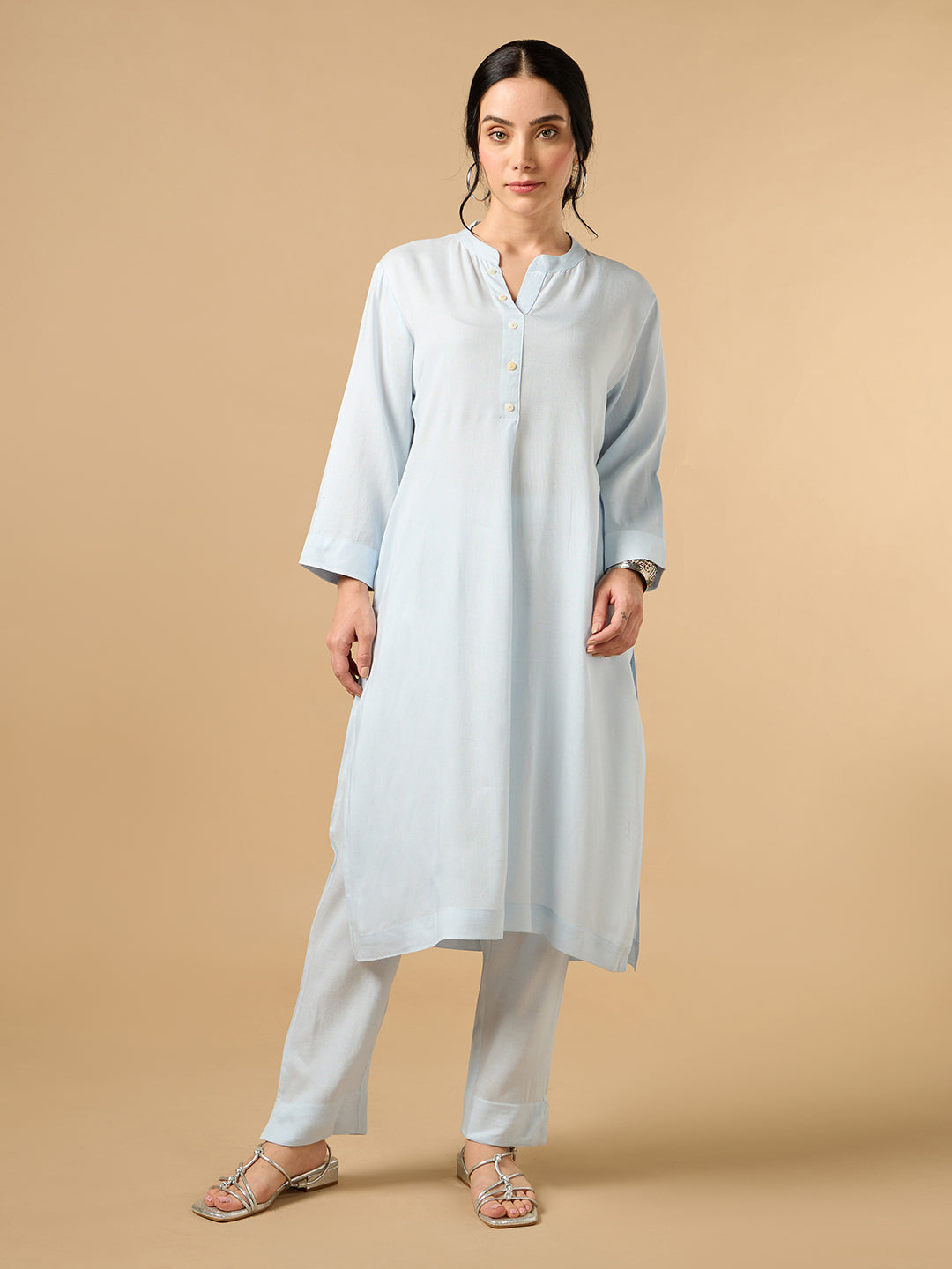 Classic Linen Sky Blue Straight Long Kurta