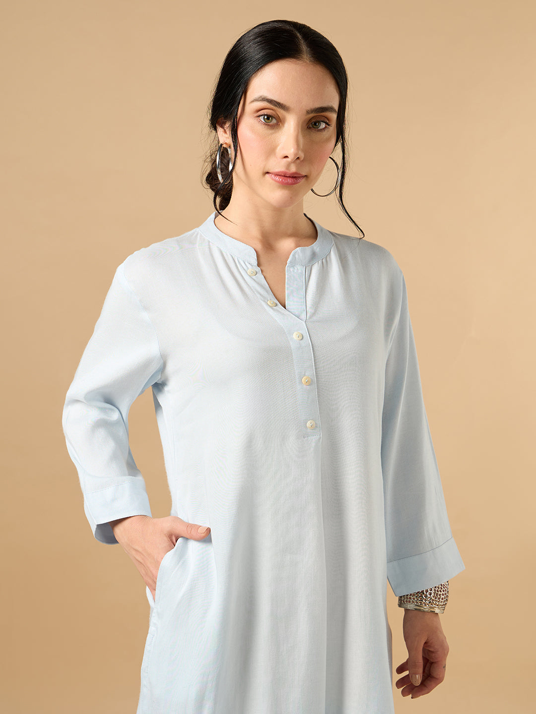 Classic Linen Sky Blue Straight Long Kurta