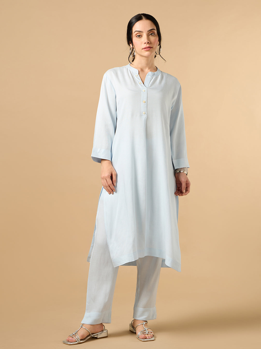Classic Linen Sky Blue Straight Long Kurta