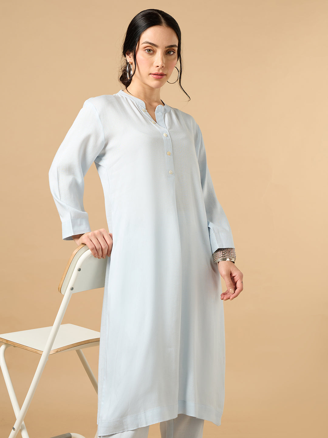 Classic Linen Sky Blue Straight Long Kurta