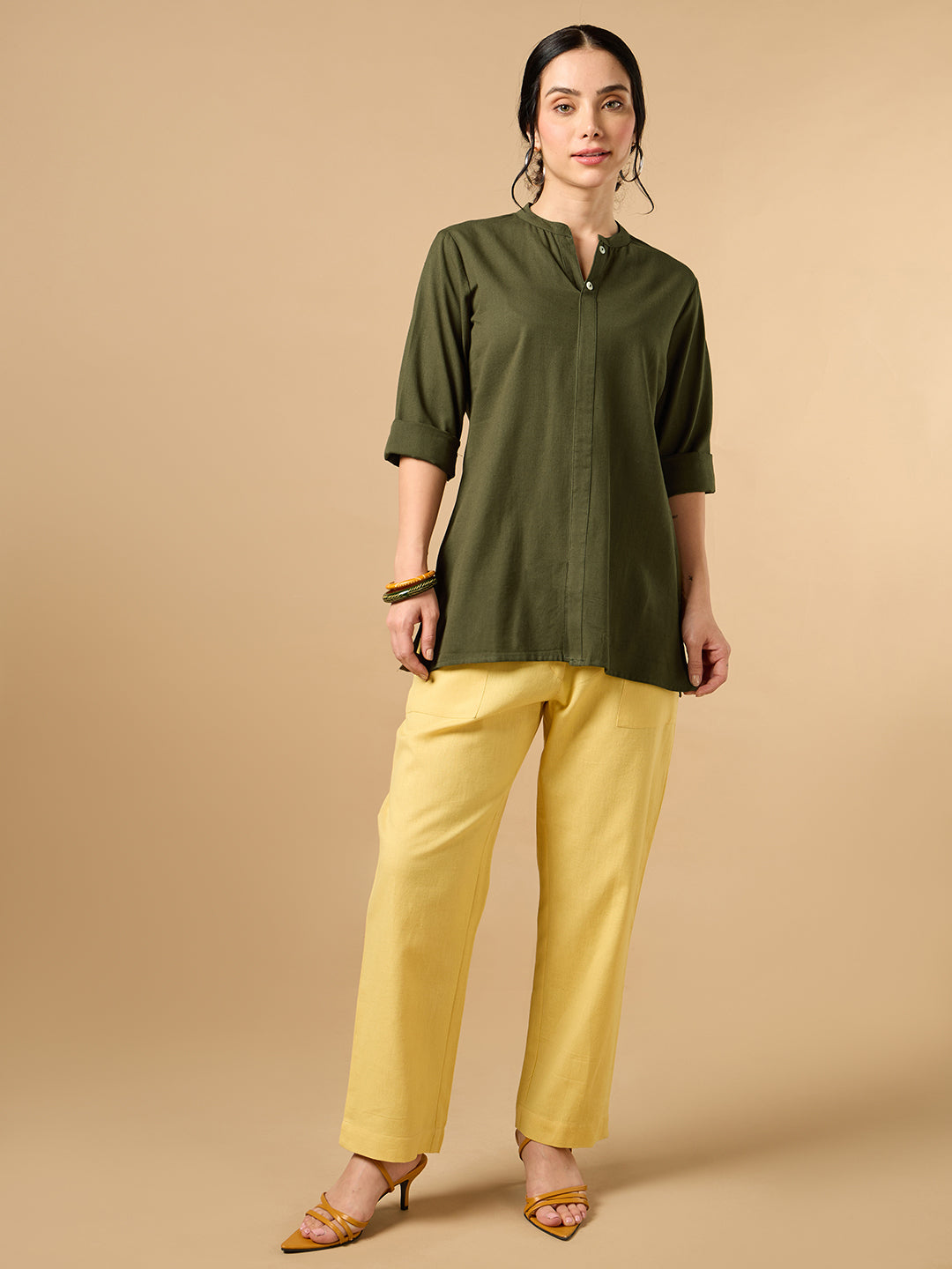 Classic Linen Army Green Short Kurta