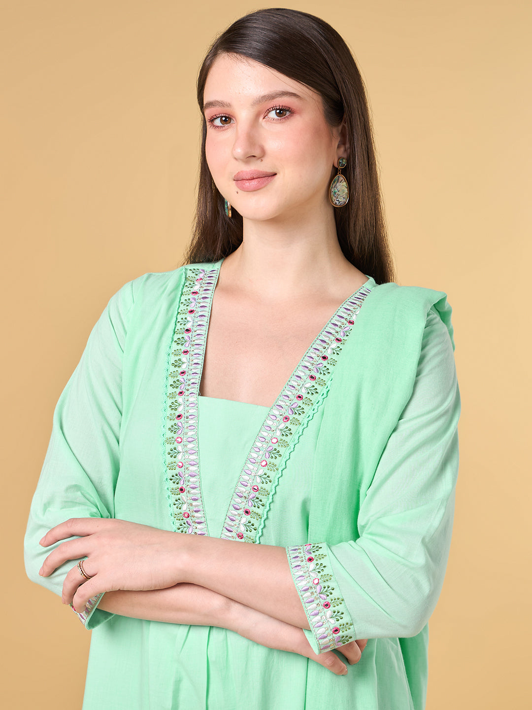 Pastel Green Embroidered Cotton Suit