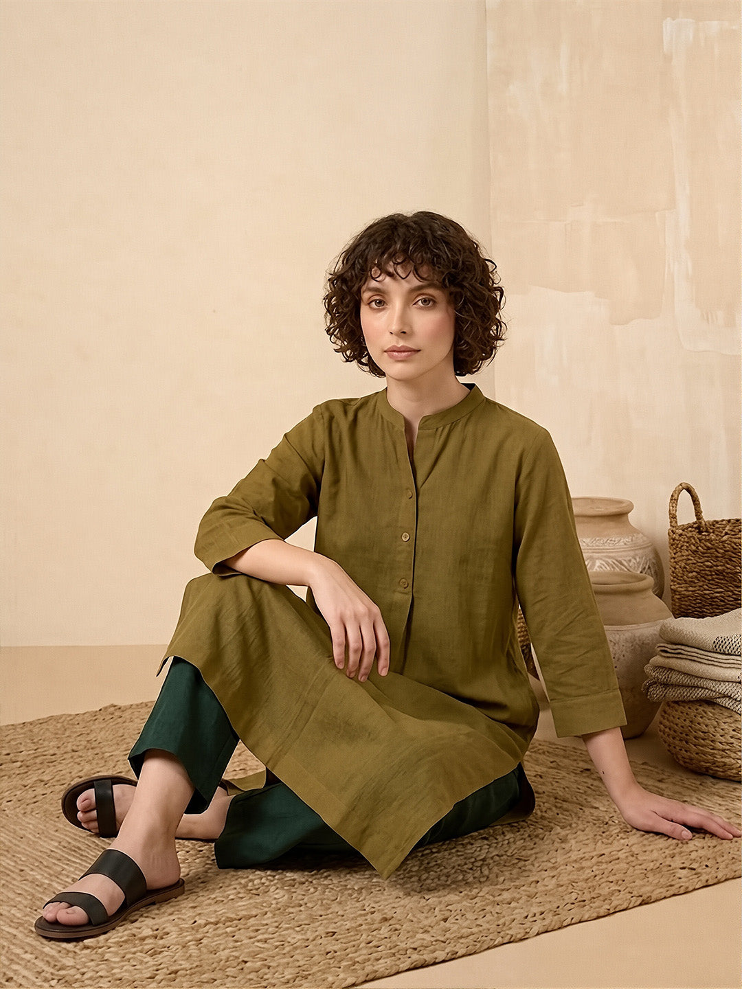 Classic Linen Olive Green Long Kurta