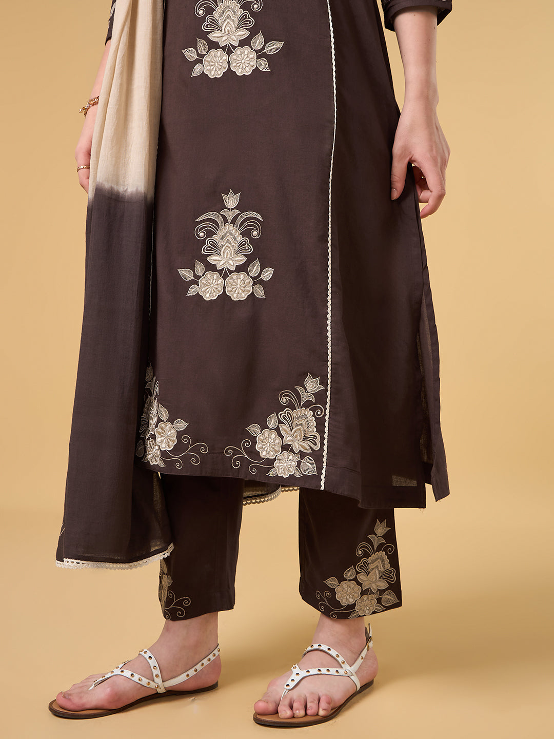 Dark Brown Embroidered Cotton Suit