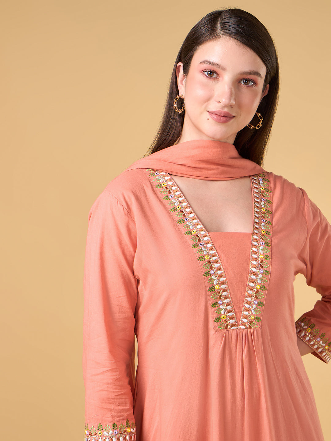 Orange Embroidered Cotton Suit