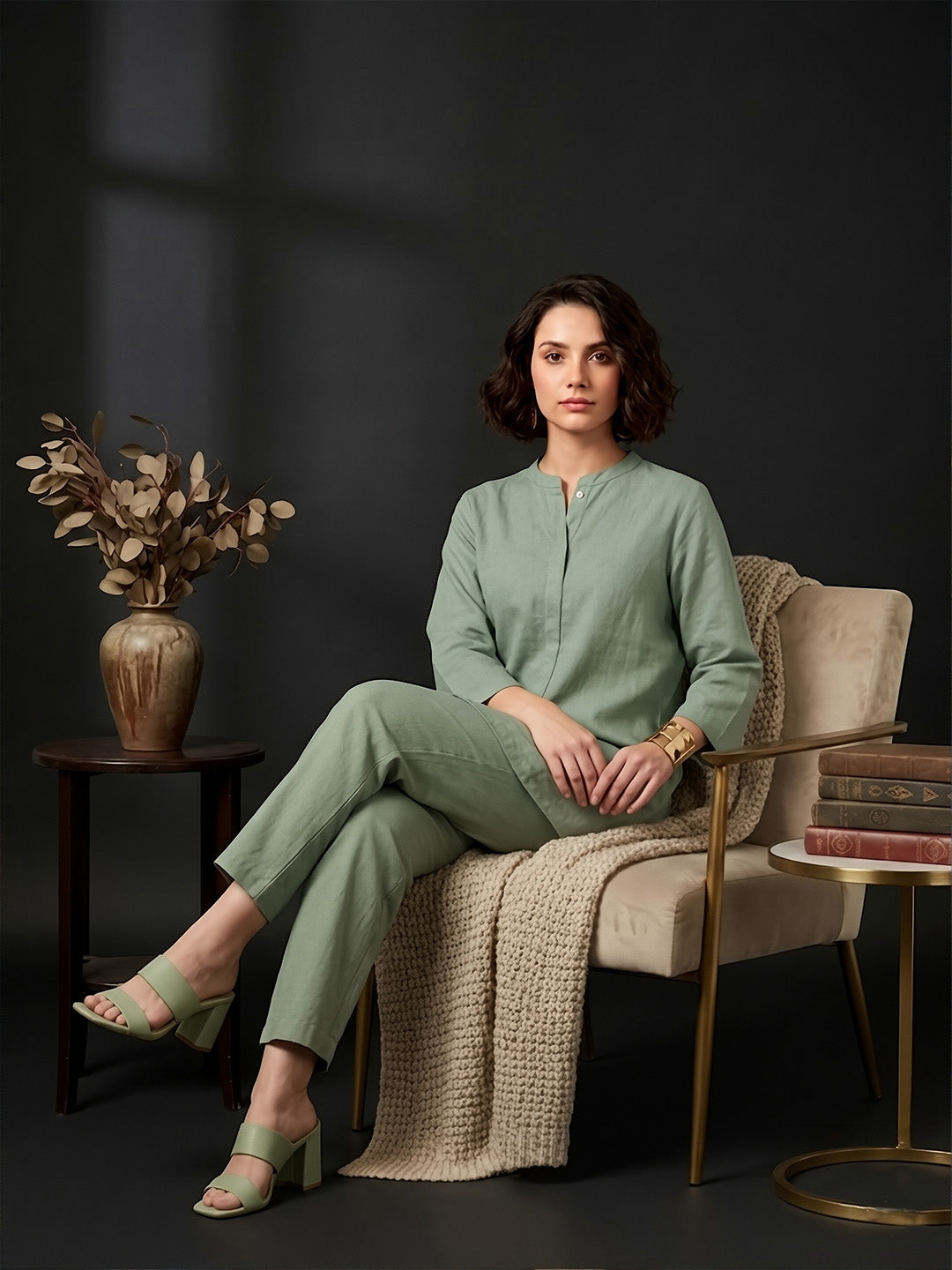 Classic Linen Smoke Green Short Kurta