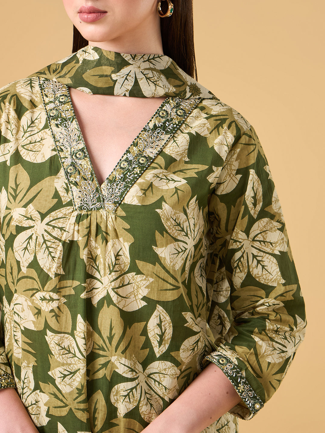 Olive Green Tropical Printed Cotton Suit