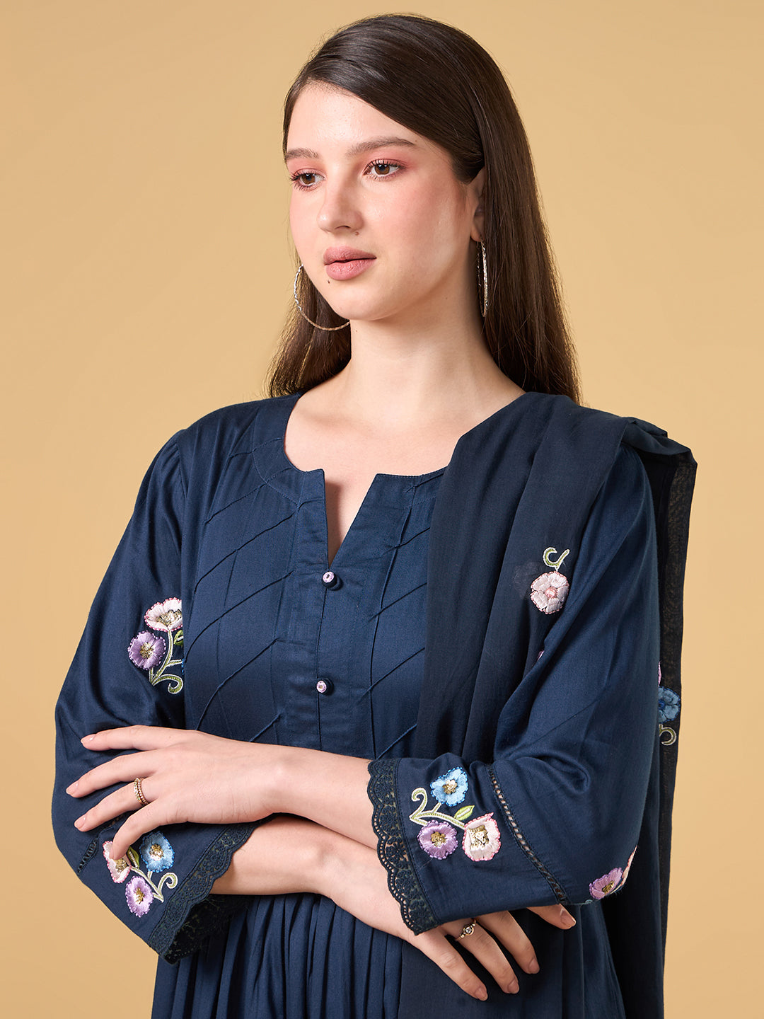 Navy Blue Embroidered Cotton Suit