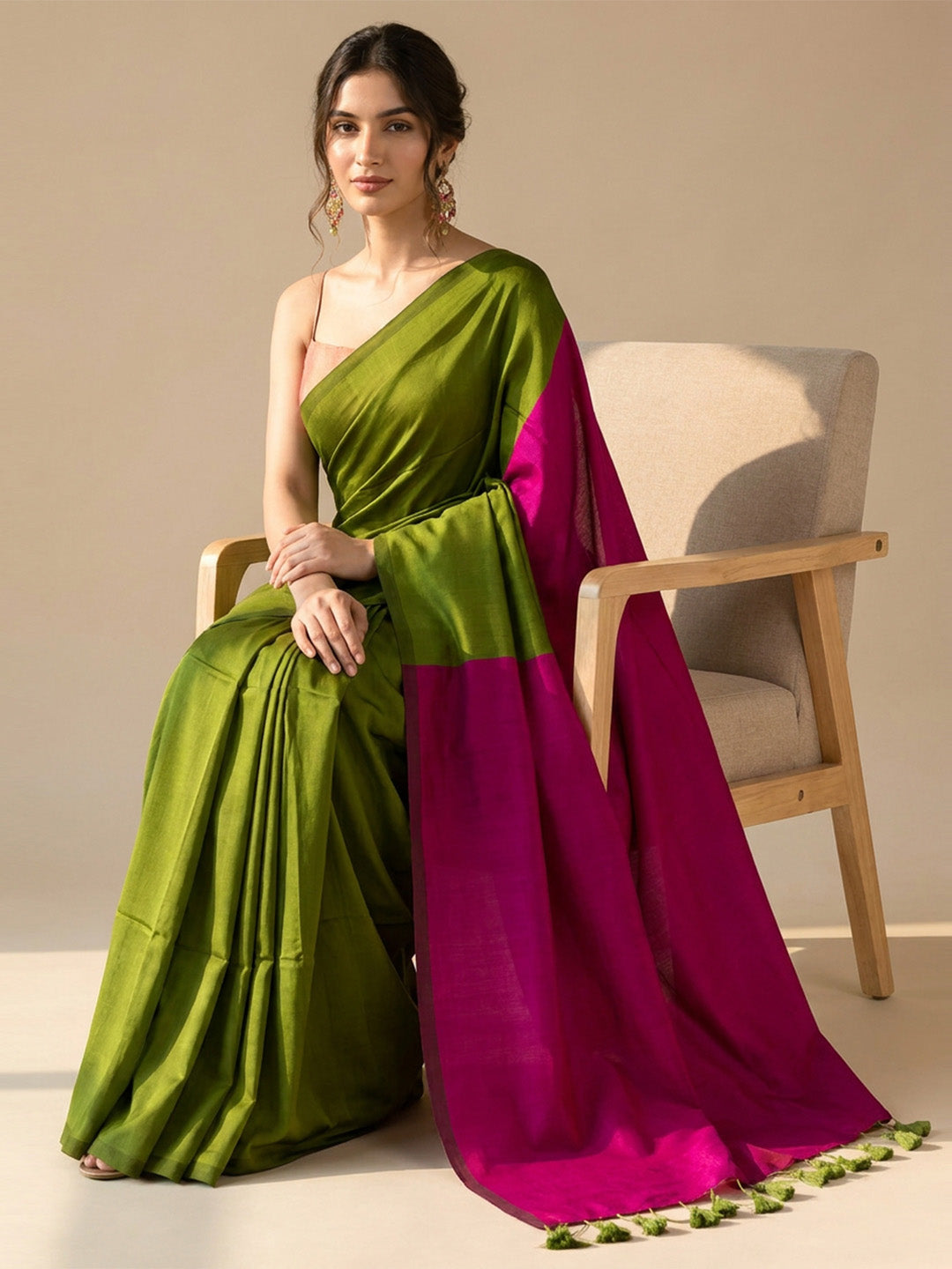 Green Pink Contrast Cotton Saree