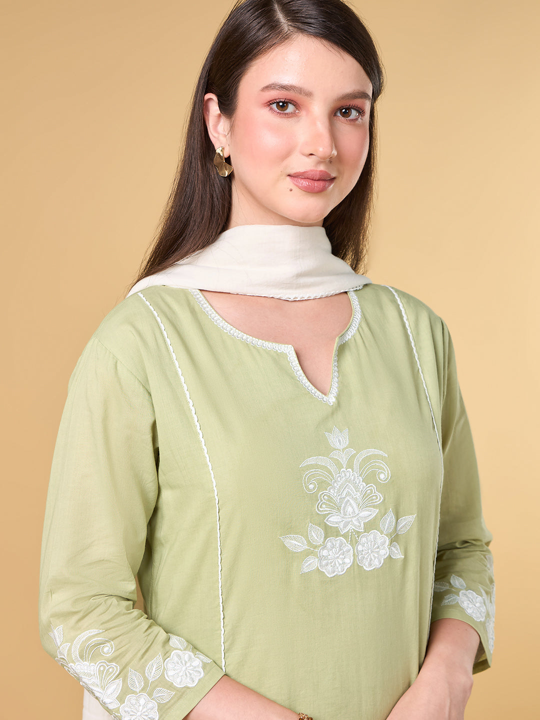 Pastel lime Green Embroidered Cotton Suit