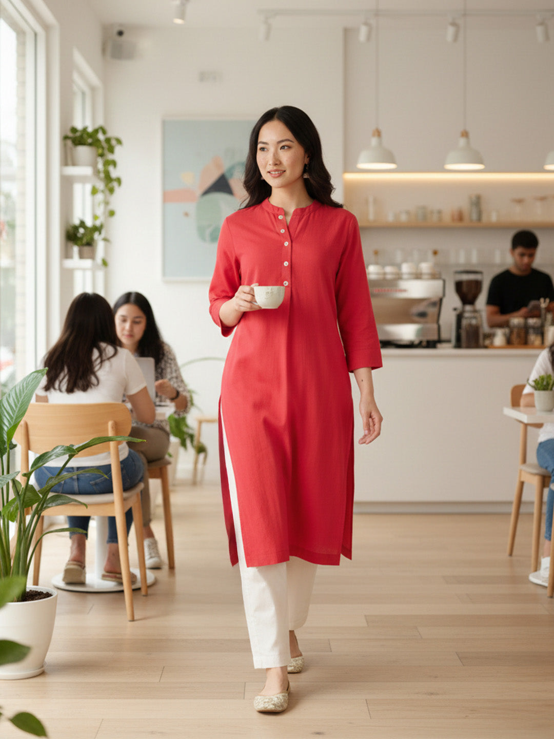 Classic Linen Red Straight Long Kurta