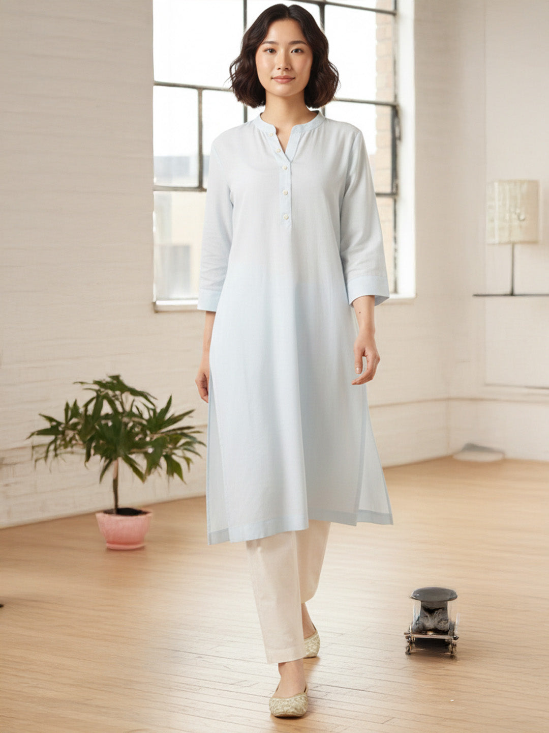 Classic Linen Sky Blue Straight Long Kurta