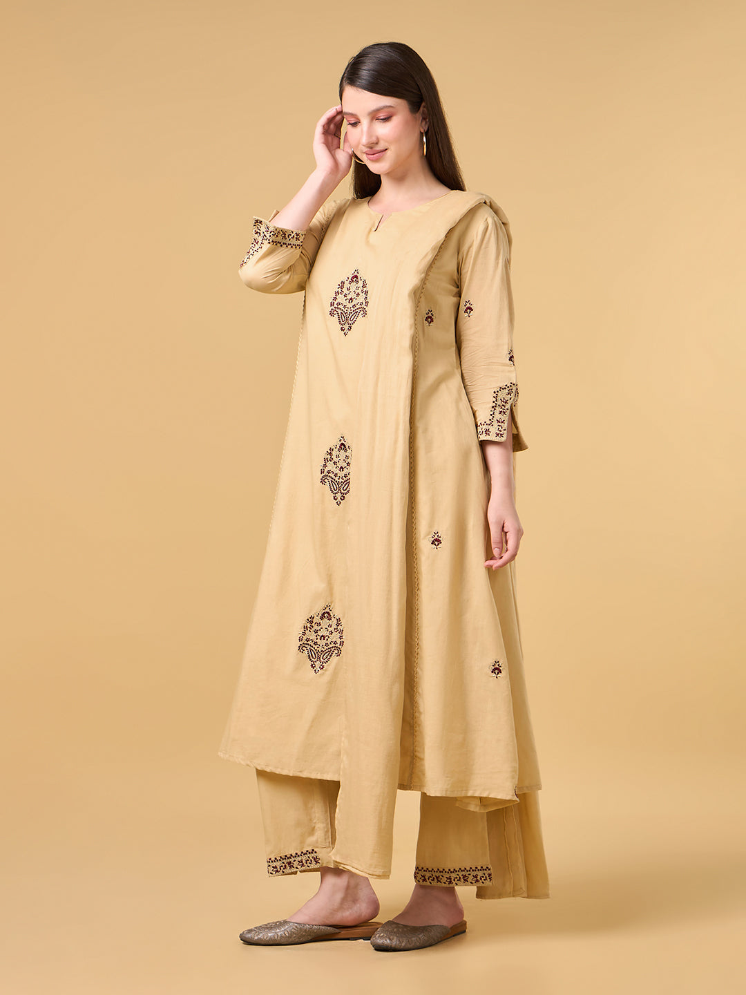 Beige Embroidered Cotton Suit