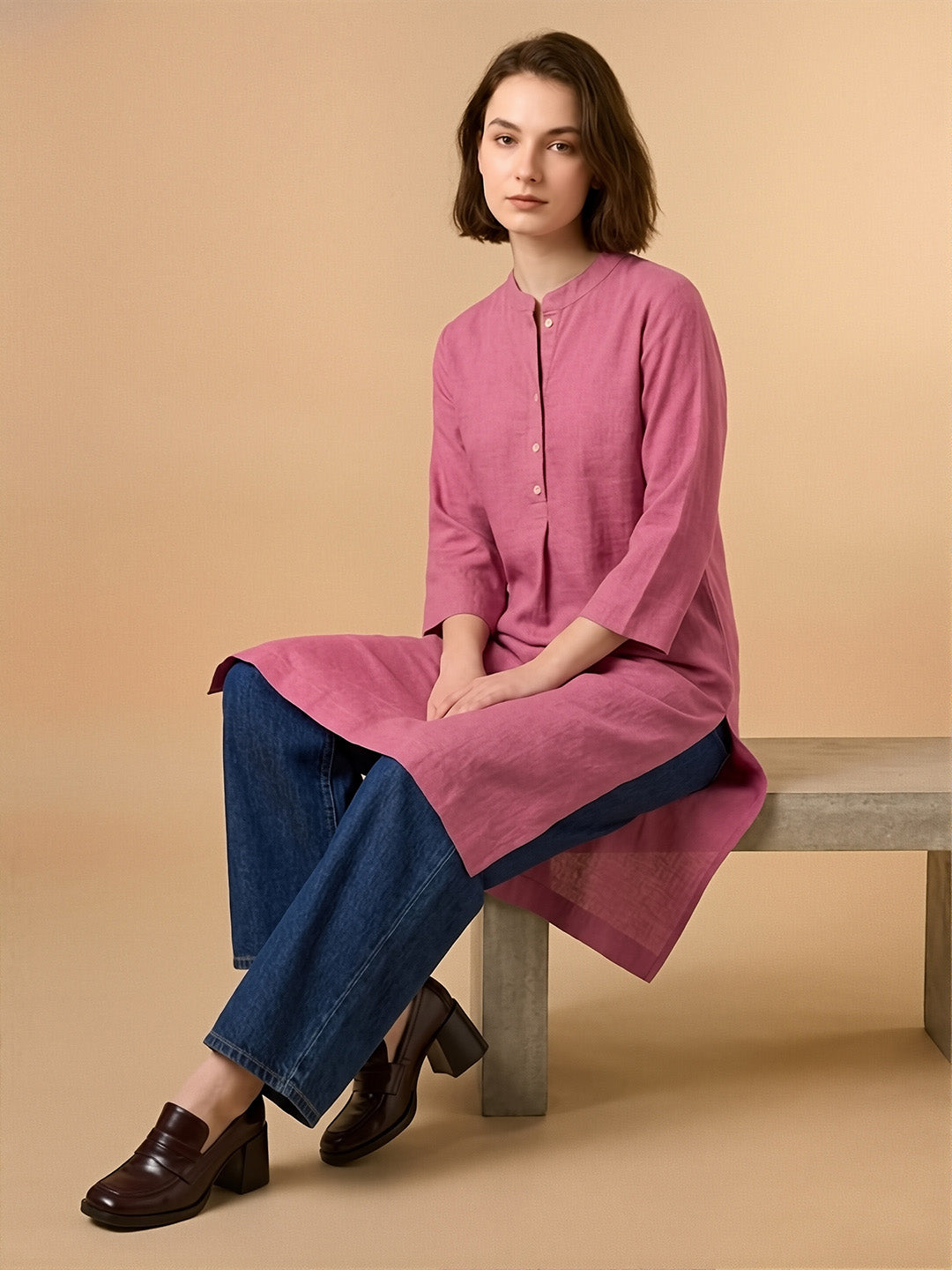 Classic Linen Watermelon pink Straight Long Kurta