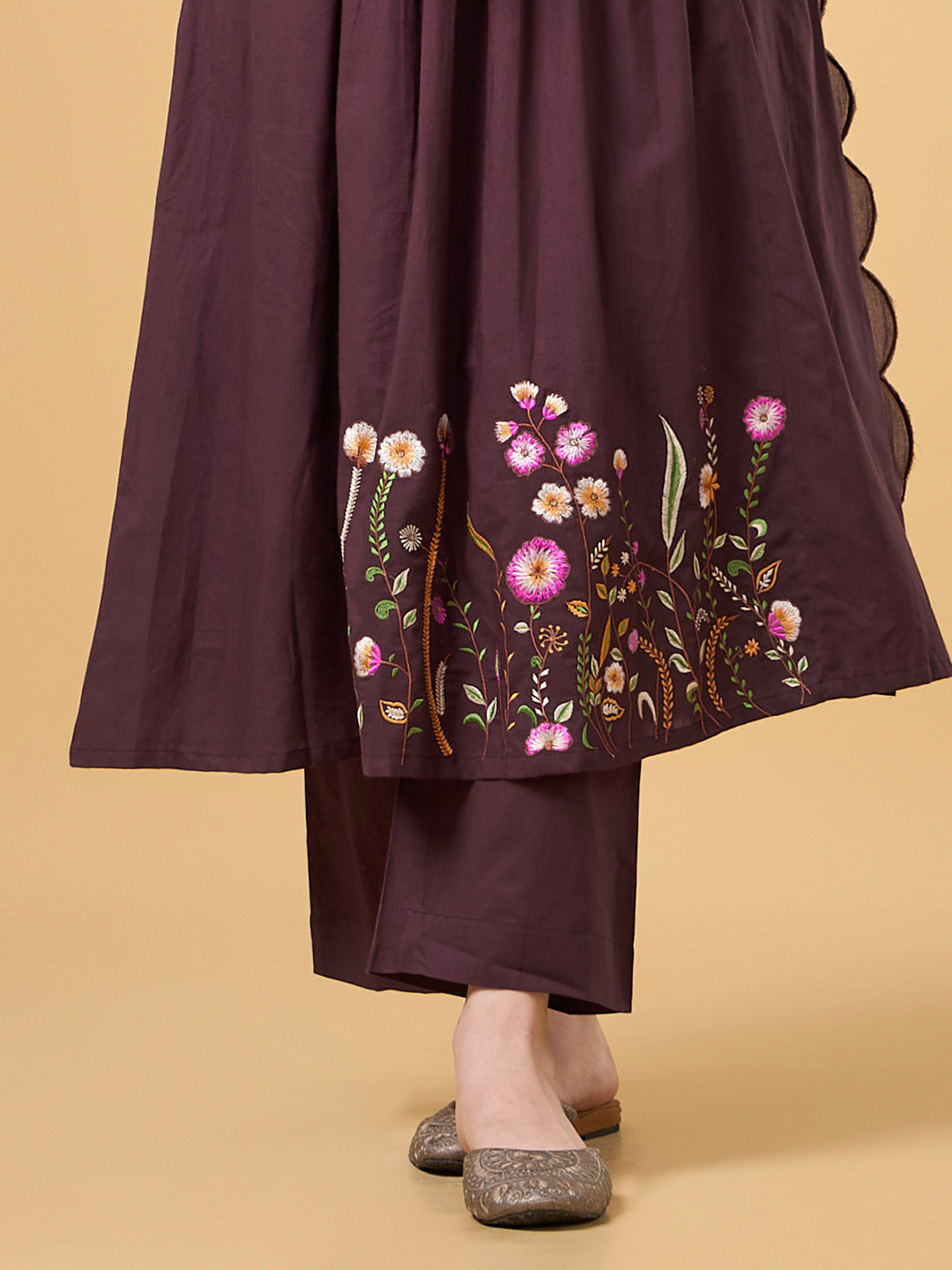 Wine Embroidered Cotton Suit