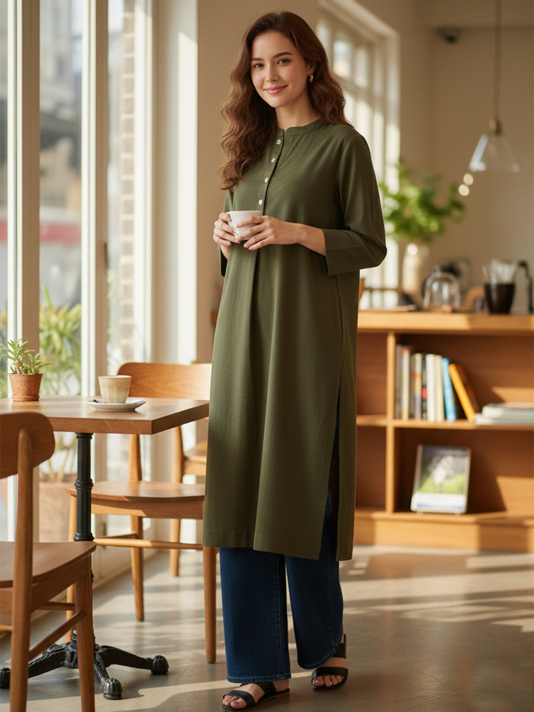 Classic Linen Army Green Straight Long Kurta