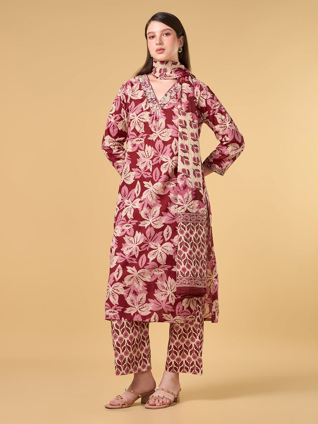 Maroon Tropical Printed Cotton Suit