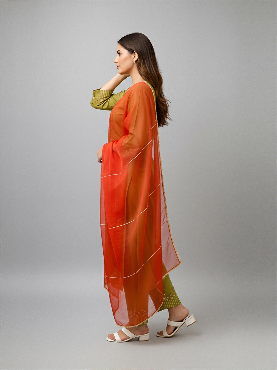 Saanjh Olive Green Mirror Work Cotton Suits