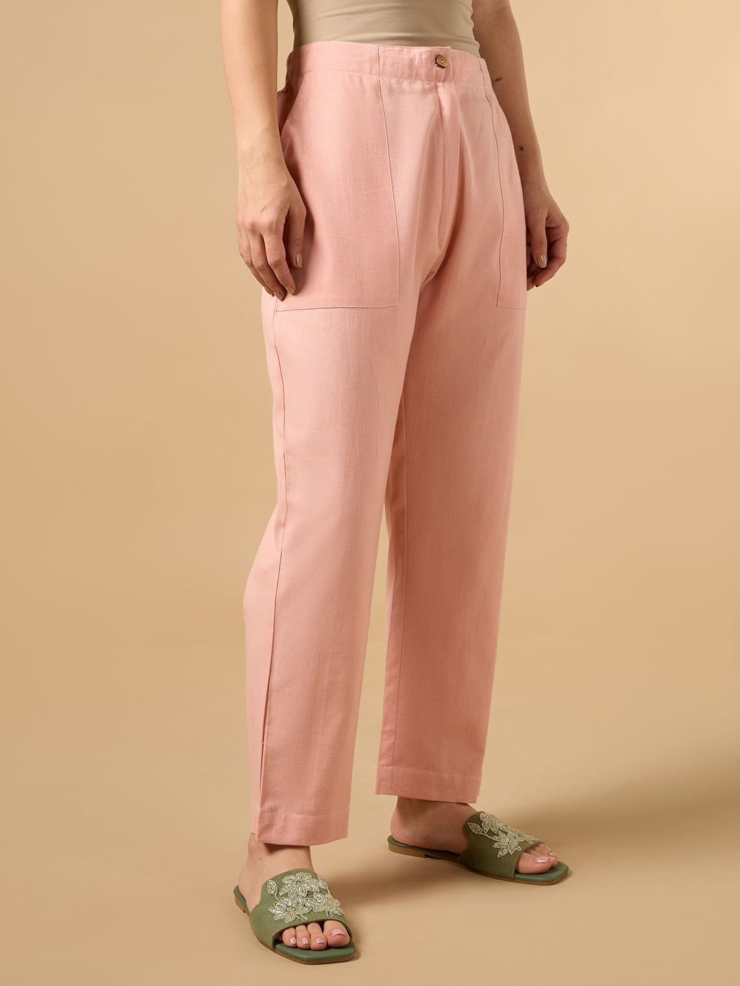 Blushing Peach Pink Cotton Smart Pant