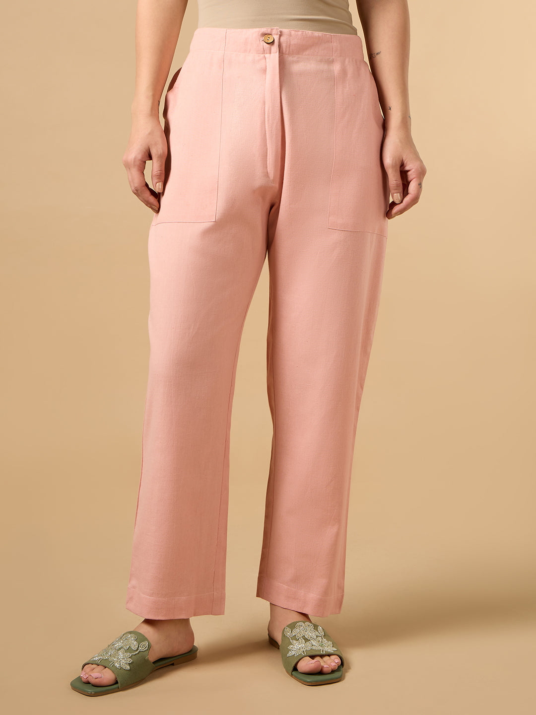Blushing Peach Pink Cotton Smart Pant