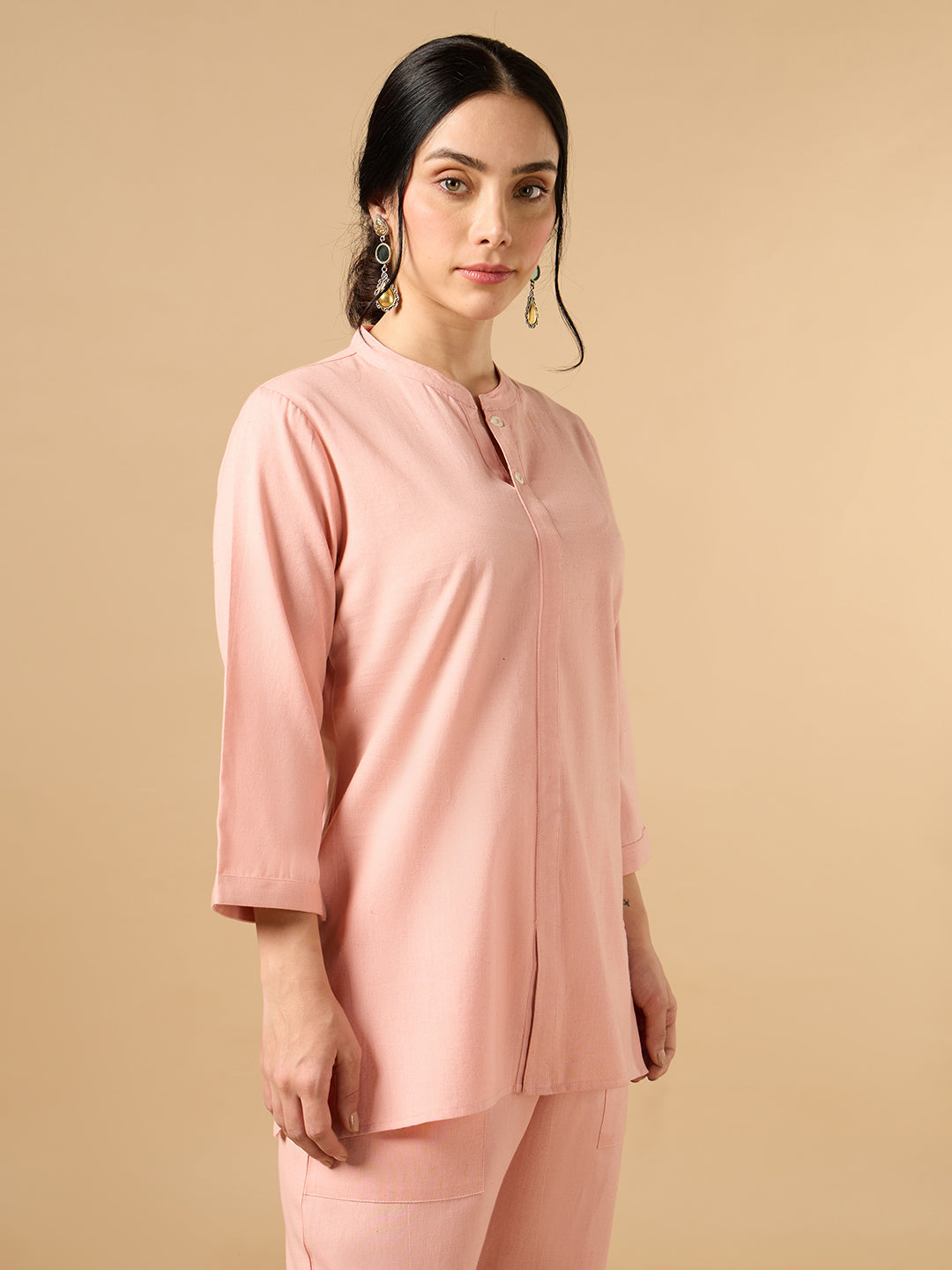 Classic Linen Blushing Peach Pink Short Kurta