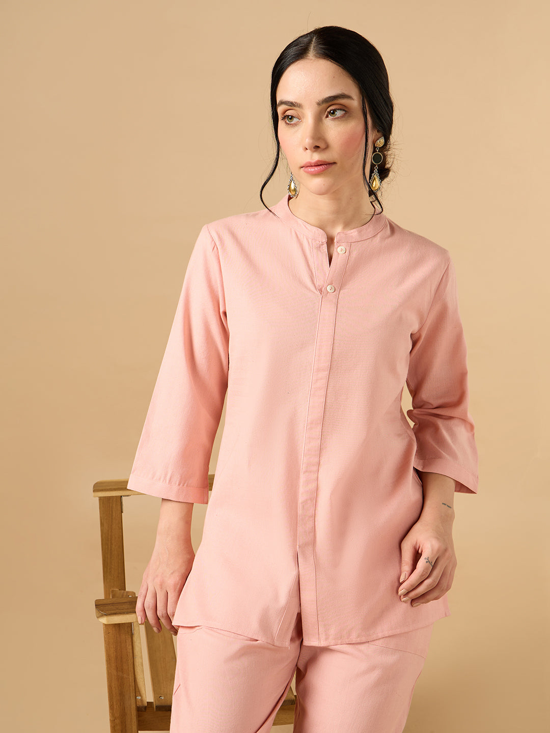 Classic Linen Blushing Peach Pink Short Kurta