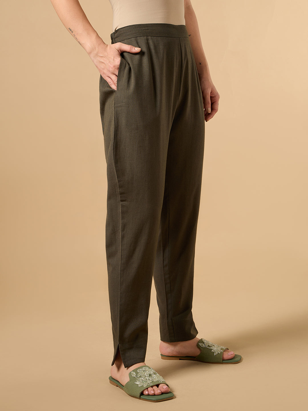 Dark Brown Cotton Straight pant