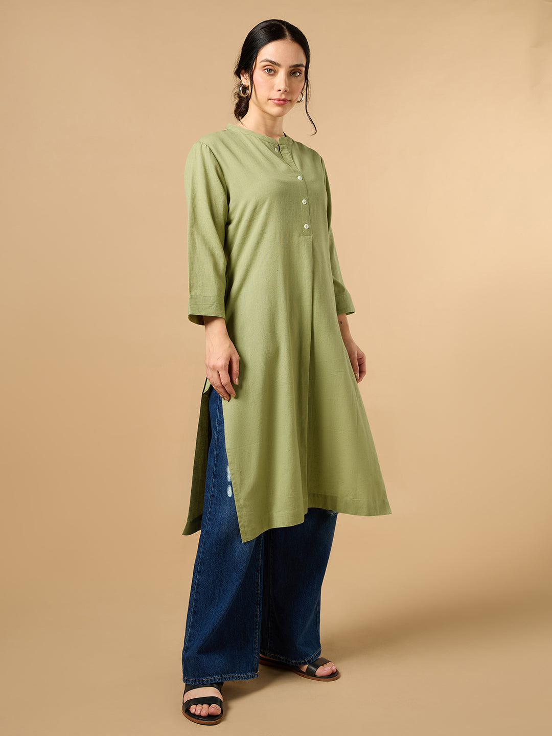 Classic Linen Pista green Straight Long Kurta