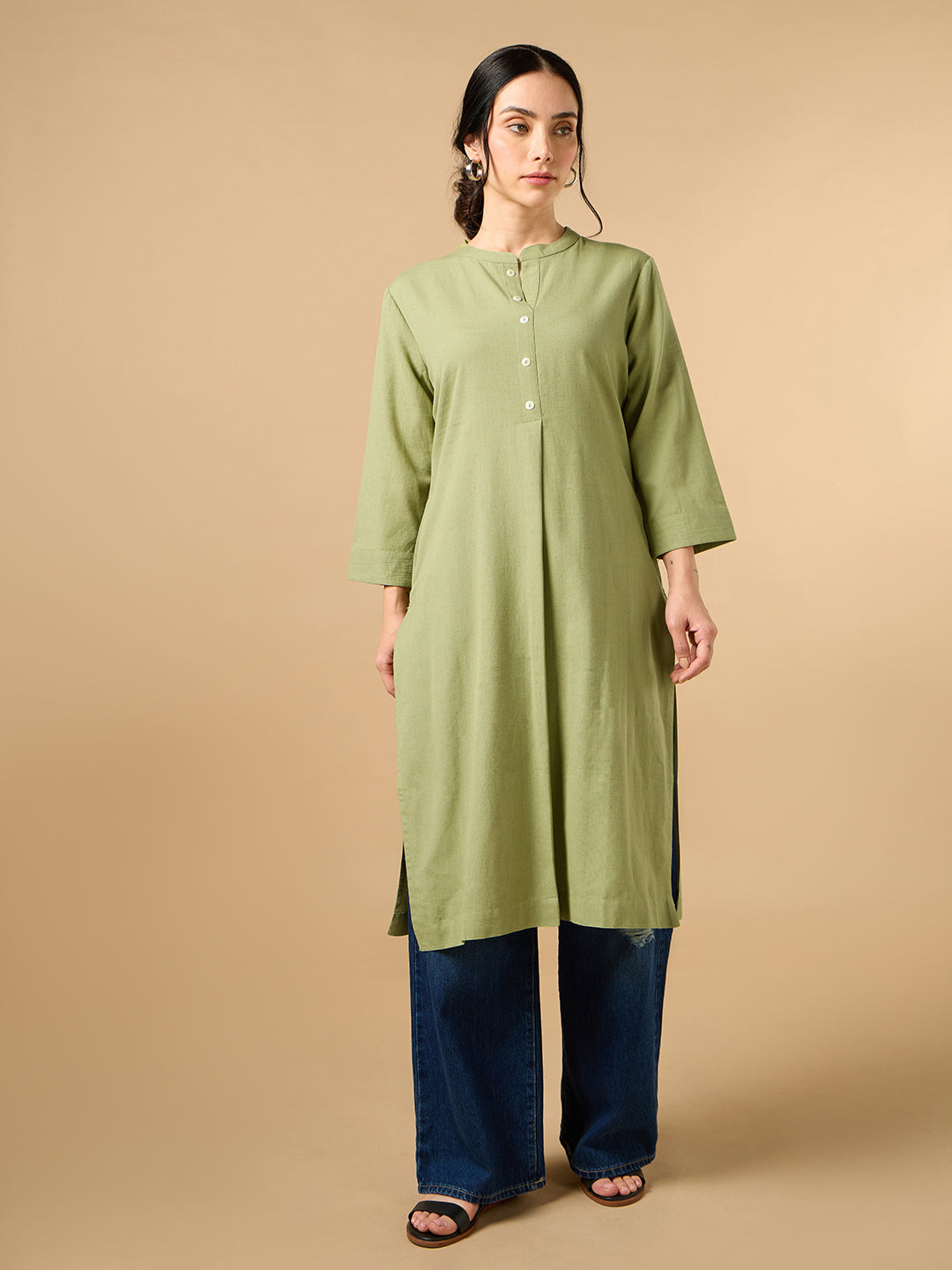 Classic Linen Pista green Straight Long Kurta