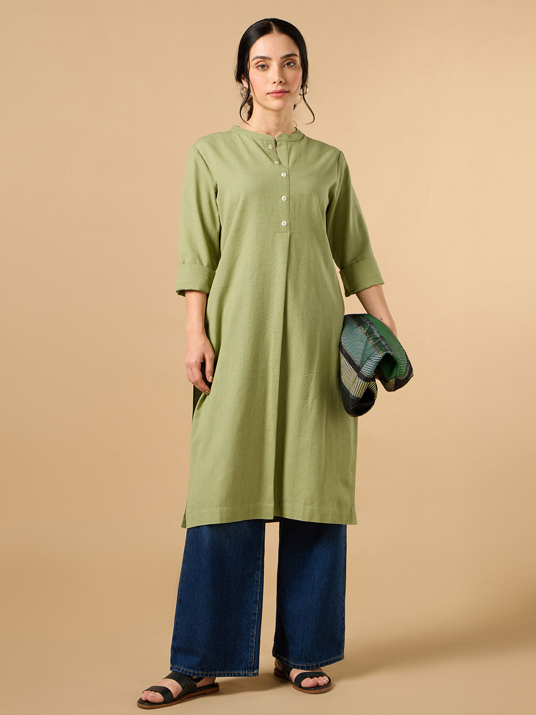 Classic Linen Pista green Straight Long Kurta