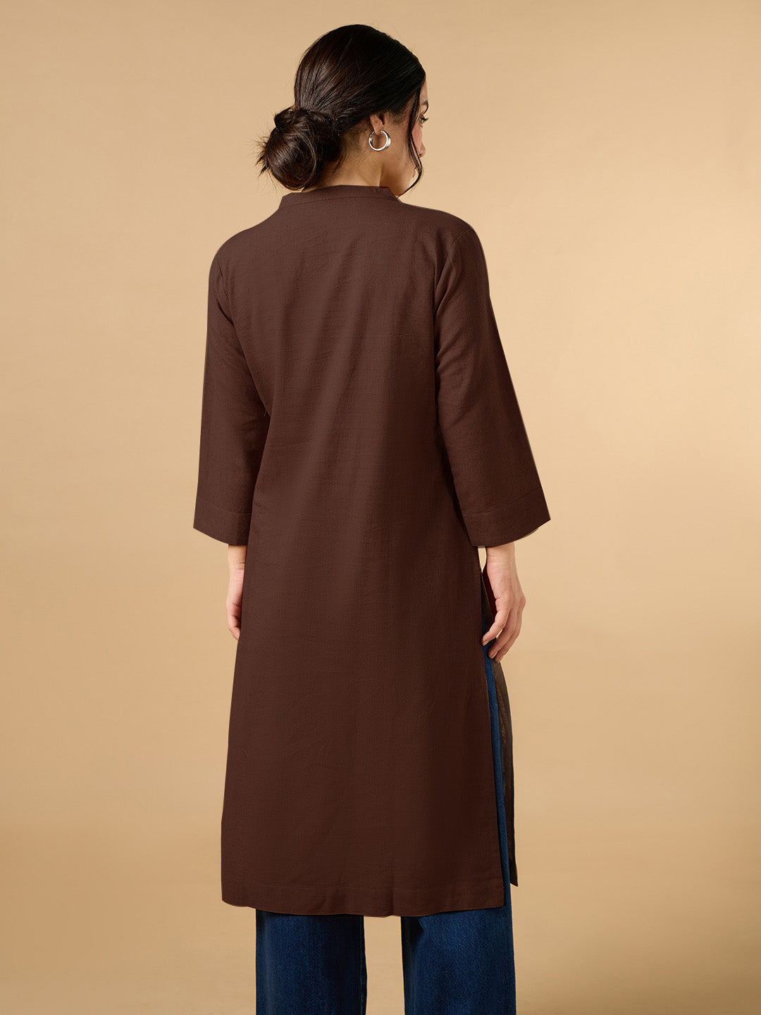 Classic Linen Dark Brown Straight Long Kurta