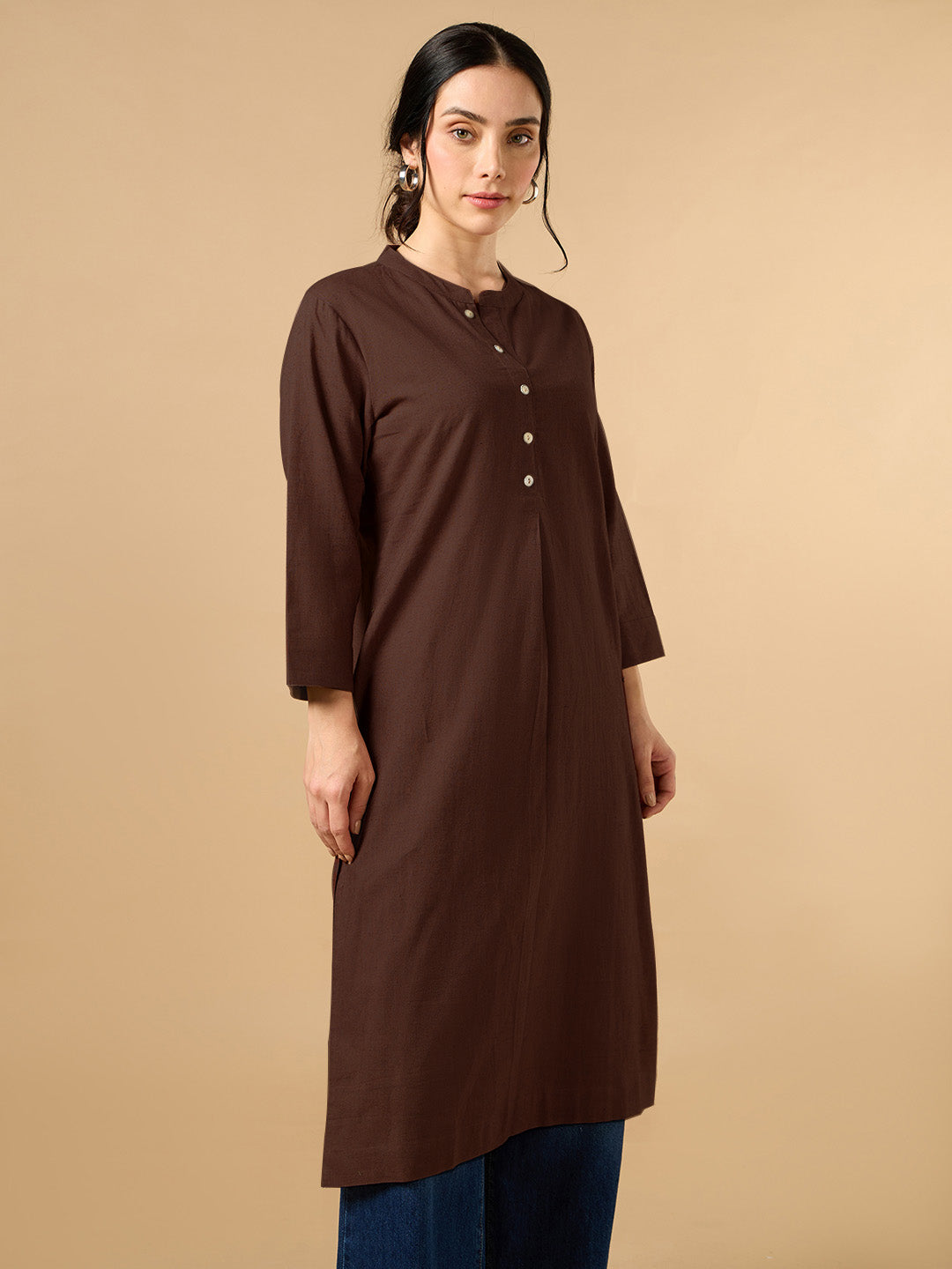 Classic Linen Dark Brown Straight Long Kurta